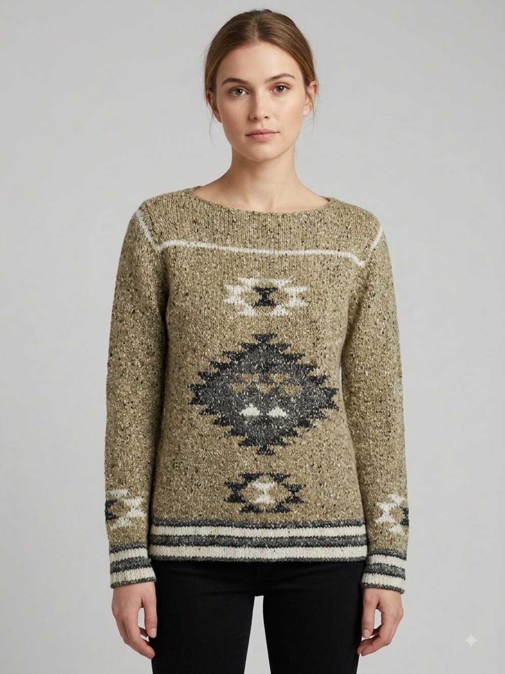 VTG Vittadini Southwestern Geometric Aztec Knit Pullover Sweater Tan Brown S
